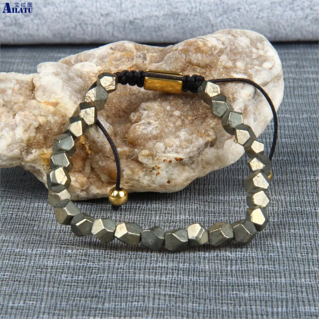 Unique Luxurious Hand Cut Natural Pyrite Stone Thread Braided Macrame Bracelet Healing Energy Men Jewelry Women Bangle beaded bracelet stone bead bracelet natural stone bracelet handwoven bracelet