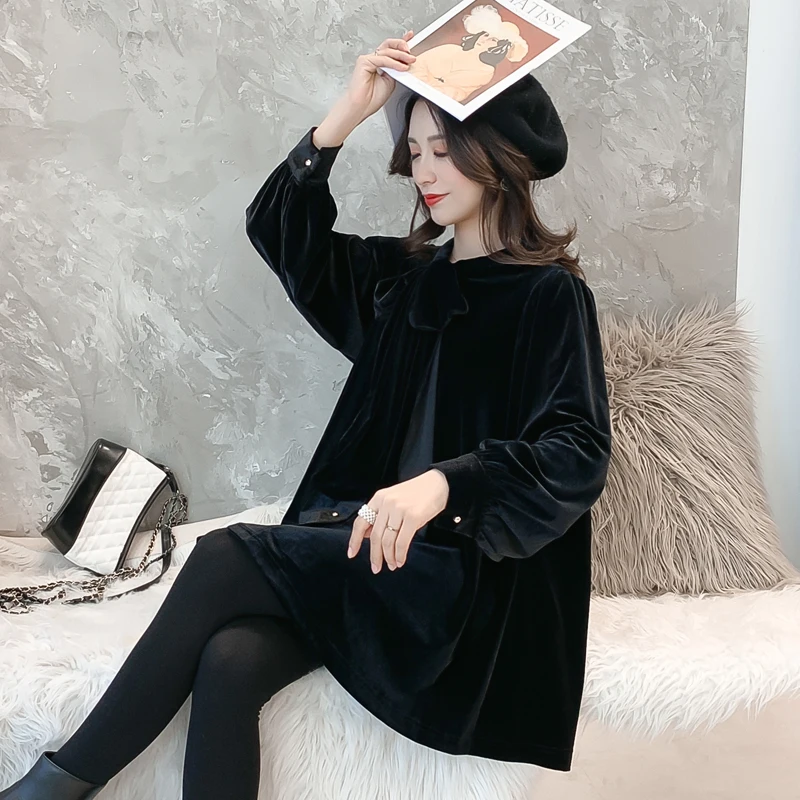 Winter Fashion Maternity Nursing Shirts Long Lantern Sleeve Bow Collar Postpartum Women Buttons Fly Breastfeeding Blouses Black