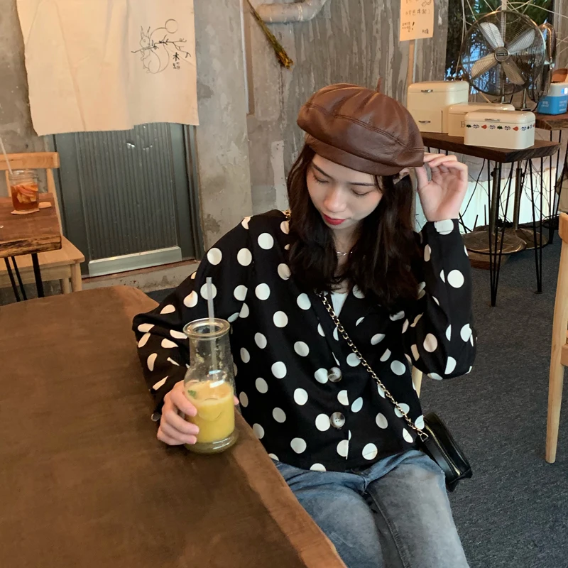 Suit Jacket Women's Autumn New Style Short Long Sleeve Polka Dot Polo Collar Loose-Fit Versitile Fashion Cardigan Tops