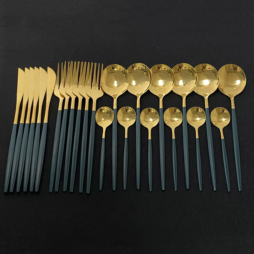 US $20.51 24pcs New Green Gold Cutlery Set Mirror Dinnenrware Set Stainless Steel Flatware Dinner Knife Fork Spoon Teaspoon For Home