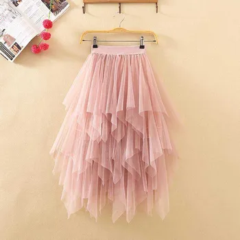 

NiceMix 2019 Rushed Hot Sale Knee-length Chinese Style Solid Spring Of Women's Elastic Waist Irregular Gauze Ball Gown Mesh Skir