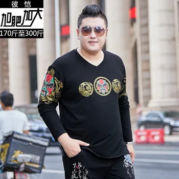 

2020 Men Autumn Plus Fat Plus Size V Collar Beijing Opera Gold Dragon Print Long Sleeve T Shirt Extra Large Fat