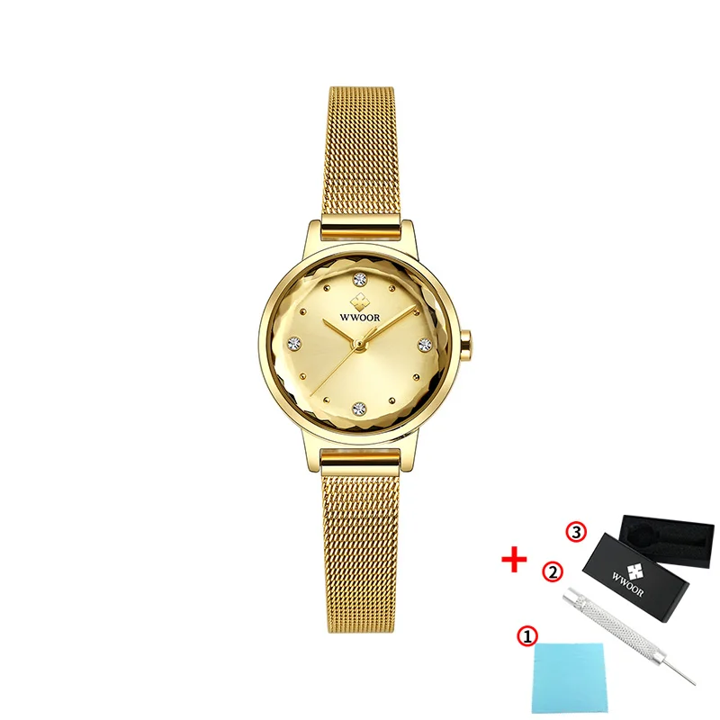 full gold WWOOR модные водонепроницаемые часы с кофейным бриллиантом Роскошные повседневные женские кварцевые часы Relogio Feminino дропшиппинг - Цвет: full gold
