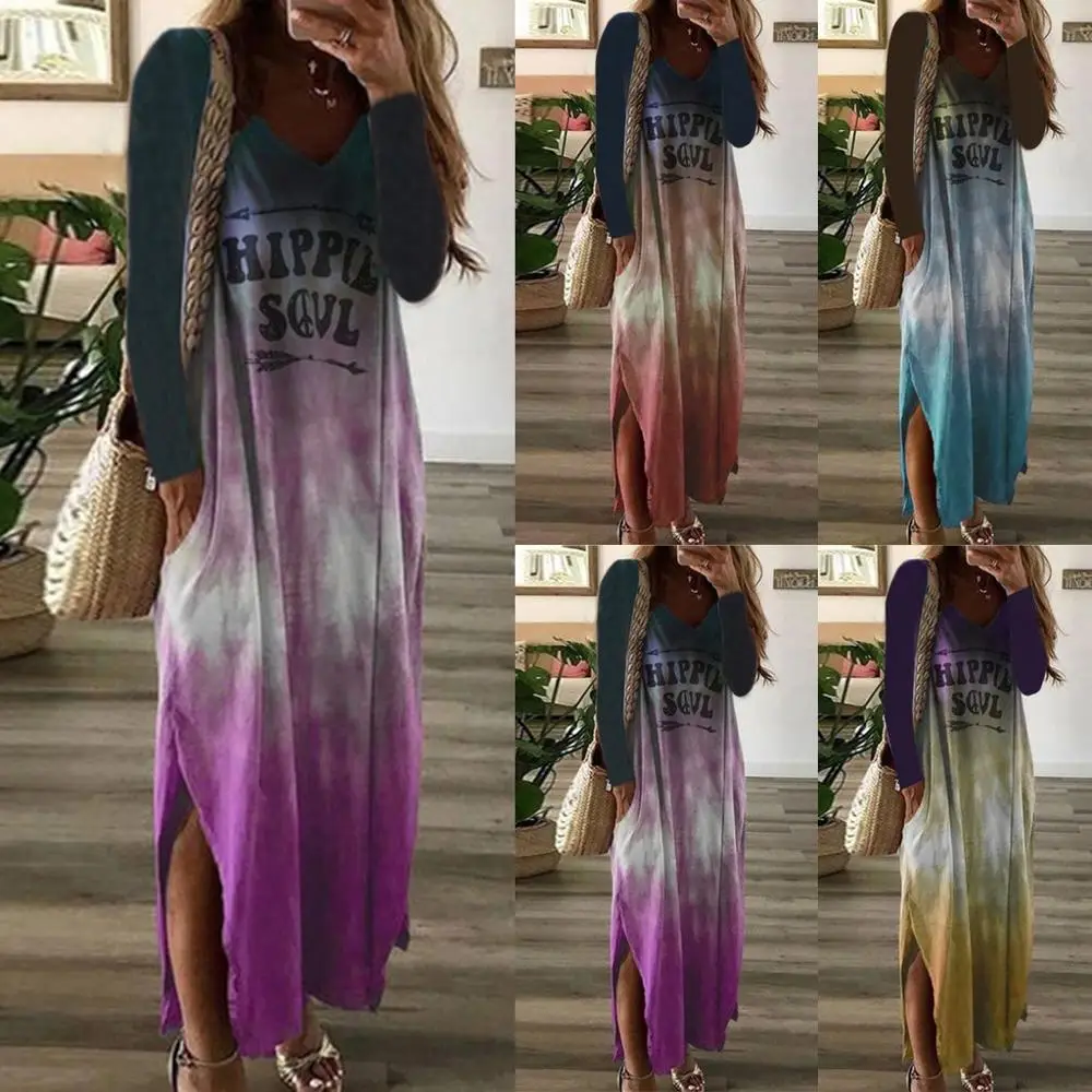 

Free Ostrich Maxi dress Women Long Sleeve V Neck Tie Dyeing Letter Printed Split Casual Long dress for women vestidos de ve DD3M
