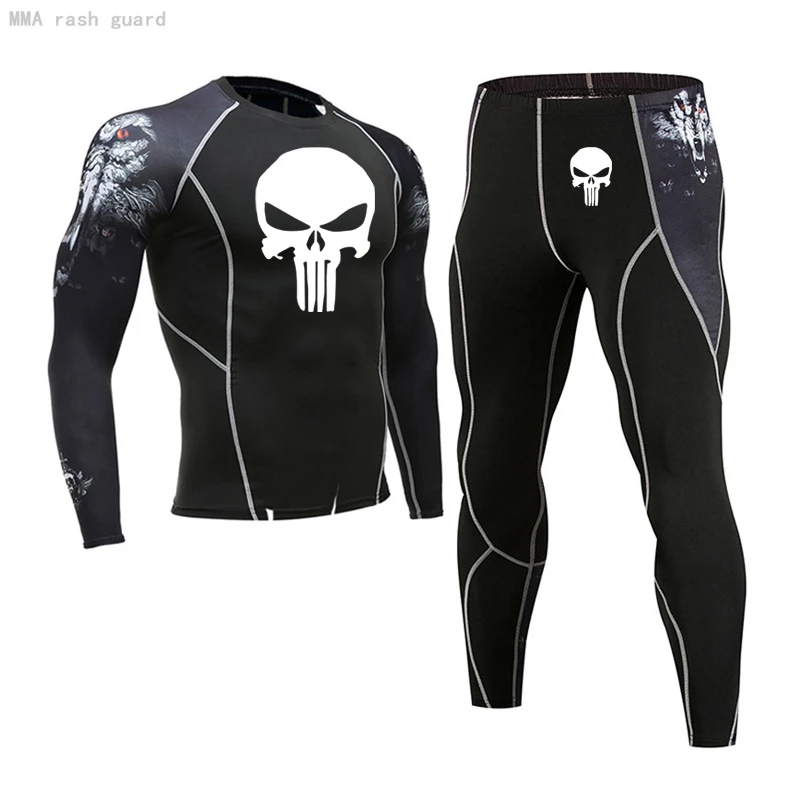 Wolf head arm Men's thermal underwear set Skull MMA T shirt Compression Leggings Fitness clothing Warm winter long johns men long johns for men