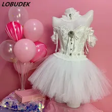 Женский топ с белыми жемчужинами и кристаллами, светодиодный сетчатый мини-юбка, комплект из 3 предметов, сексуальная одежда для сцены, наряд для дня рождения, выпускного, костюм для ночного клуба