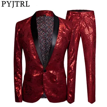 

PYJTRL Men Slim Fit Costume Homme Red Rose Gilding 2 Pieces Set Wedding Suits For Latest Coat Pant Designs Singer Stage Wear