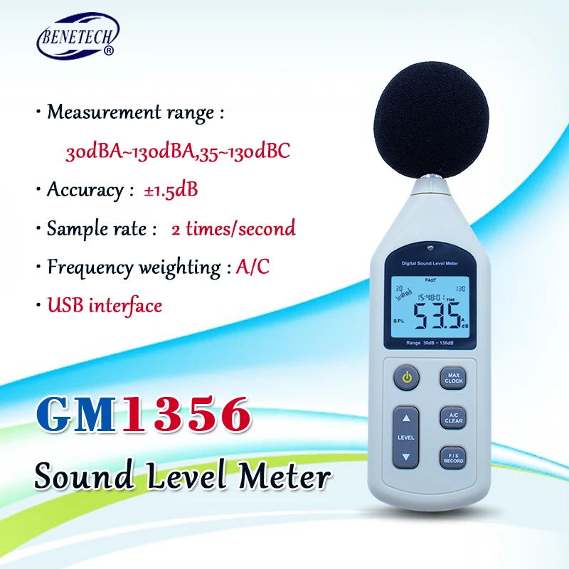 Цифровой измеритель уровня звука BENETECH GM1356 30-130dB ЖК-дисплей A/C быстрый/медленный dB