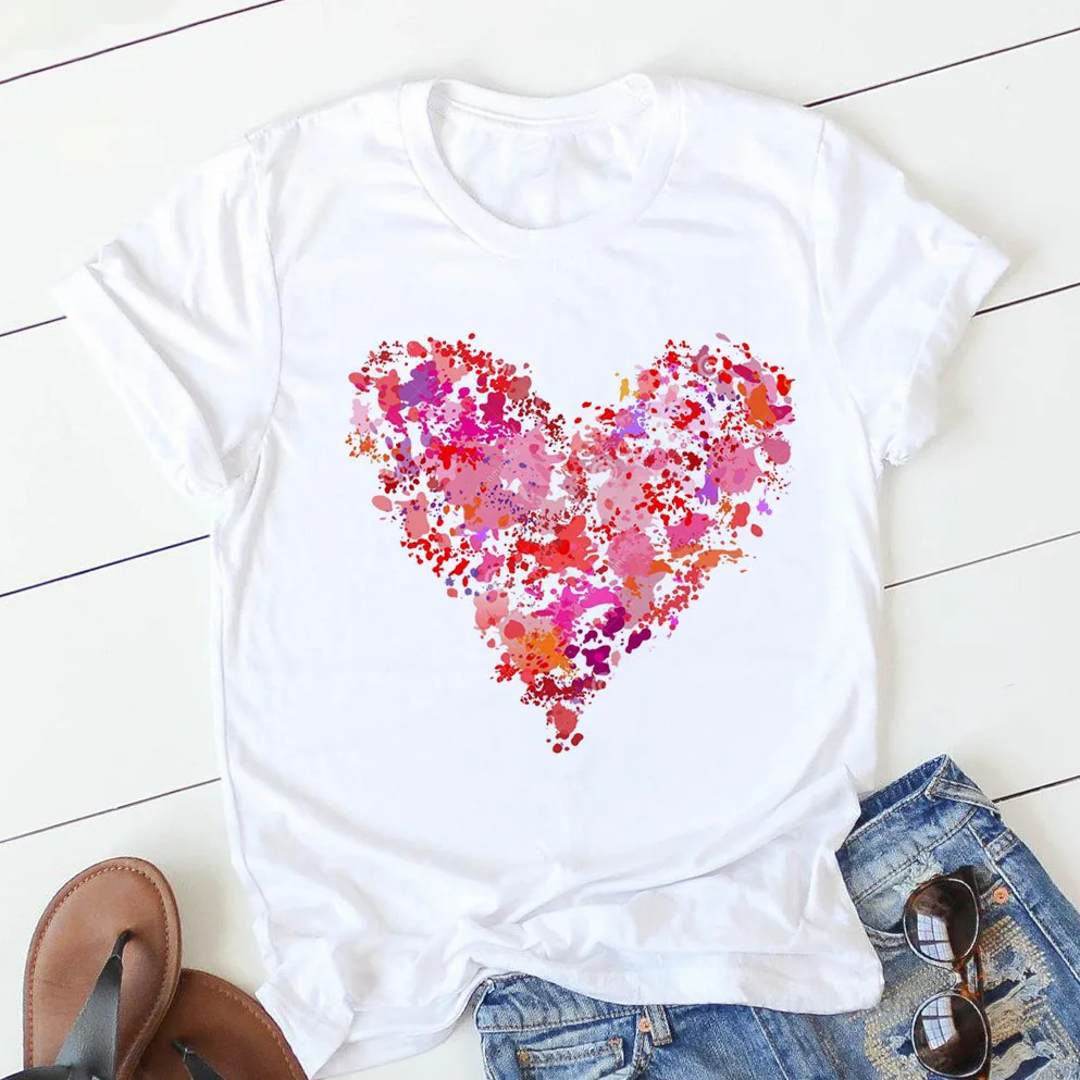 pink heart flower Print Women tshirt Short Sleeve Print Clothes Ladies Womens T-Shirt Graphic Tops Clothes Female T-shirts