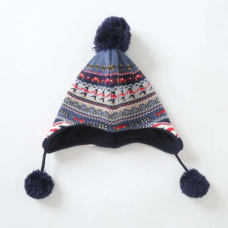 Boy Hat Winter Earflap Fleece Knit Warm Pompom Acrylic Autumn Outdoor Skiing Toddler Baby Accessory - Цвет: dark blue