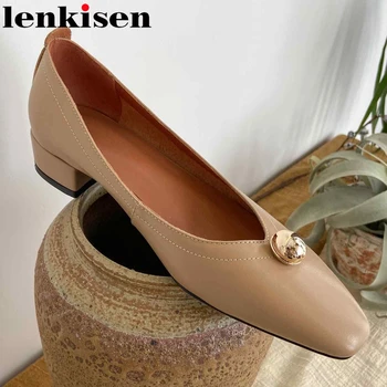 

Lenkisen simple style deep mouth small square toe metal decorations med square heel leisure office lady dress women pumps L00