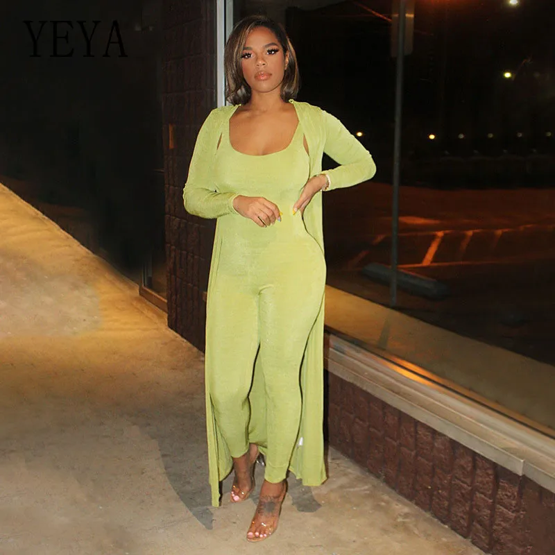 

YEYA Women Two Piece Sets Autumn Winter Knitted Square Collar Skinny Jumpsuits Full Sleeve Ankle-Length Cardigan Sets