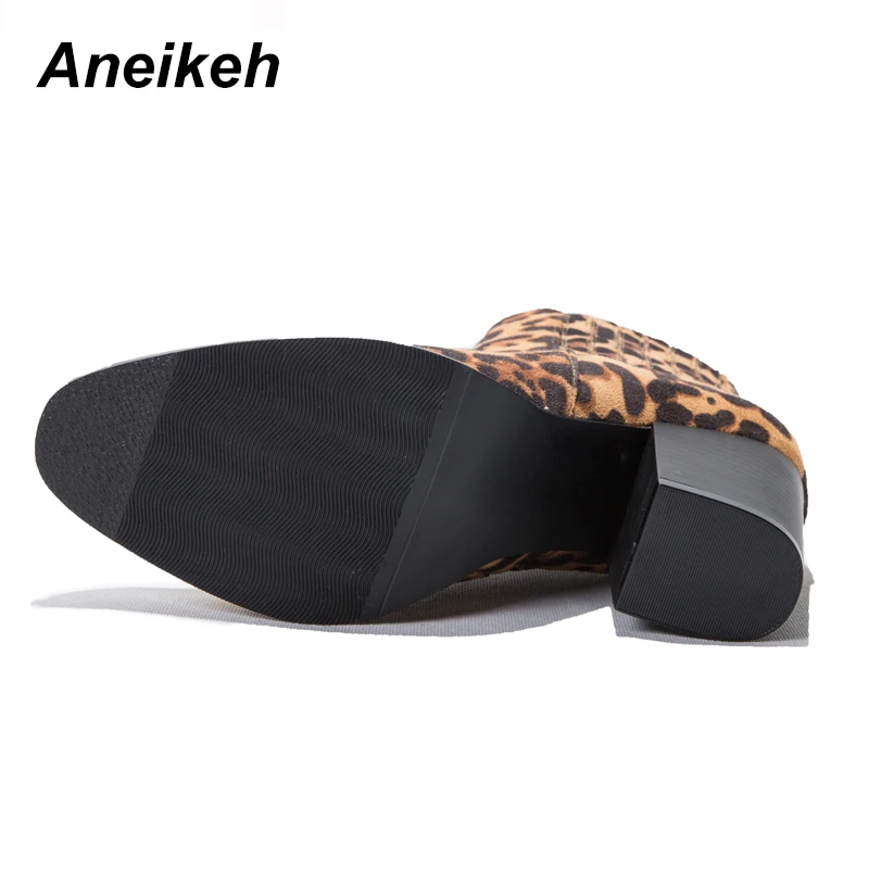 Aneikeh/Модные леопардовые ботинки с принтом; обувь из флока; женские сапоги-казаки; обувь на не сужающемся книзу массивном квадратном высоком каблуке; ботильоны «Челси» в западном стиле