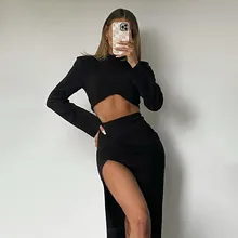 

Winter Sexy 2 Piece Set Women Casual Long Sleeve Turtleneck T-shirt + Maxi Skirt Matching Sets Women Solid Slim Tracksuit Female
