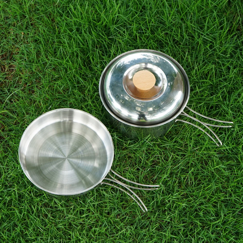 Stainless Steel Picnic Lightweight Outdoor Camping Pot Pan Easy Clean Cookware Durable Cooking Set Hiking With Folding Handle
