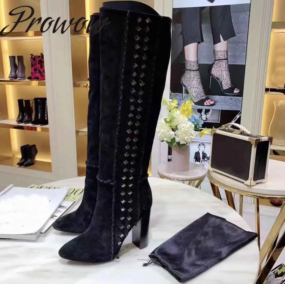 

Prowow New Genuine Leather Zip Side Knee HIgh Boots Sexy Pointed Toe HIgh Heel Fashion Ladies Boots Autumn Winter Boots Shoes