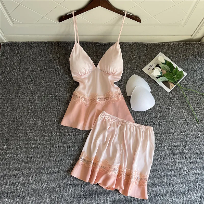 2PCS Sleepwear Sexy Satin Pajamas Set Women Sleeveless Lace Strap Top&Shorts Suit Summer Intimate Lingerie Loose Home Clothes women pajamas set women pajama suit