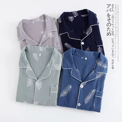 Feather Spring Summer Men Sleep Tops Thin Washed Cotton Gauze Pajama Sets Long Sleeved  Breathable Double-layer Crepe Home Suit