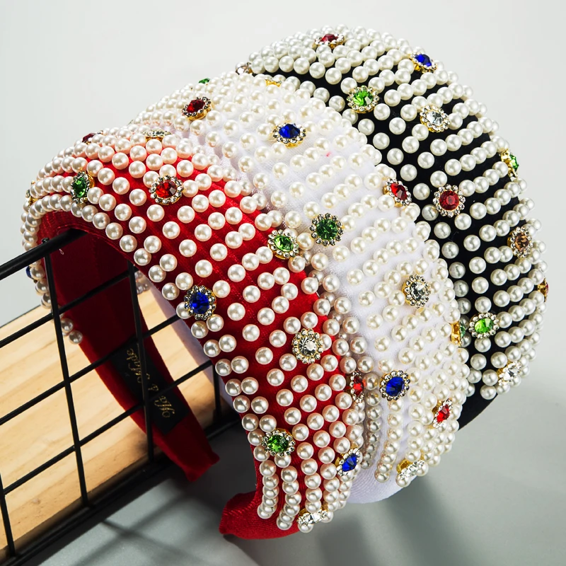 

Za Brand 2020 Hot Selling Hair Bands for Woman High Class Hand Made Full Pearl and Rhinestone Wide Side Thick Sponge Hair Bands