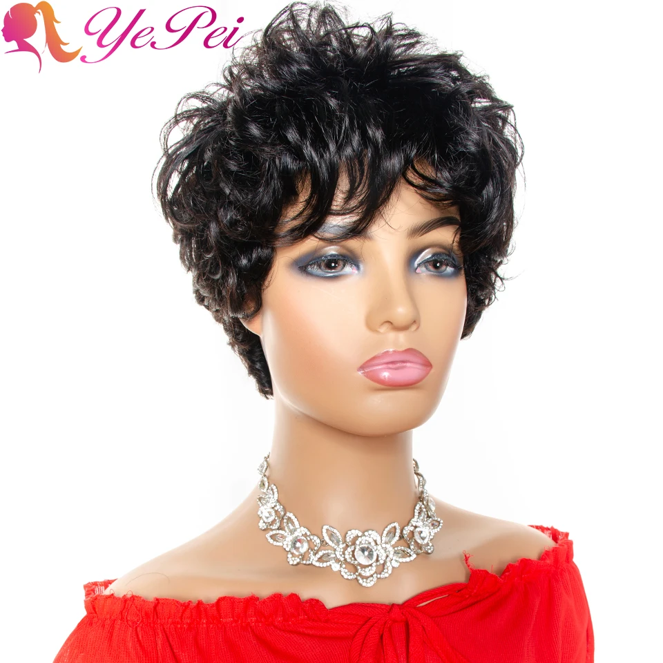 Pelucas de cabello humano corto corte Pixie con flequillo para mujer, pelo Remy brasileño suelto y rizado, hecha a máquina, 130% de densidad