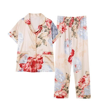 

Summer Pajamas Set Women Comfortable Cotton Viscose Contrasting Color Pajamas Short Sleeve Tops with Long Trousers Ladies Pj Set