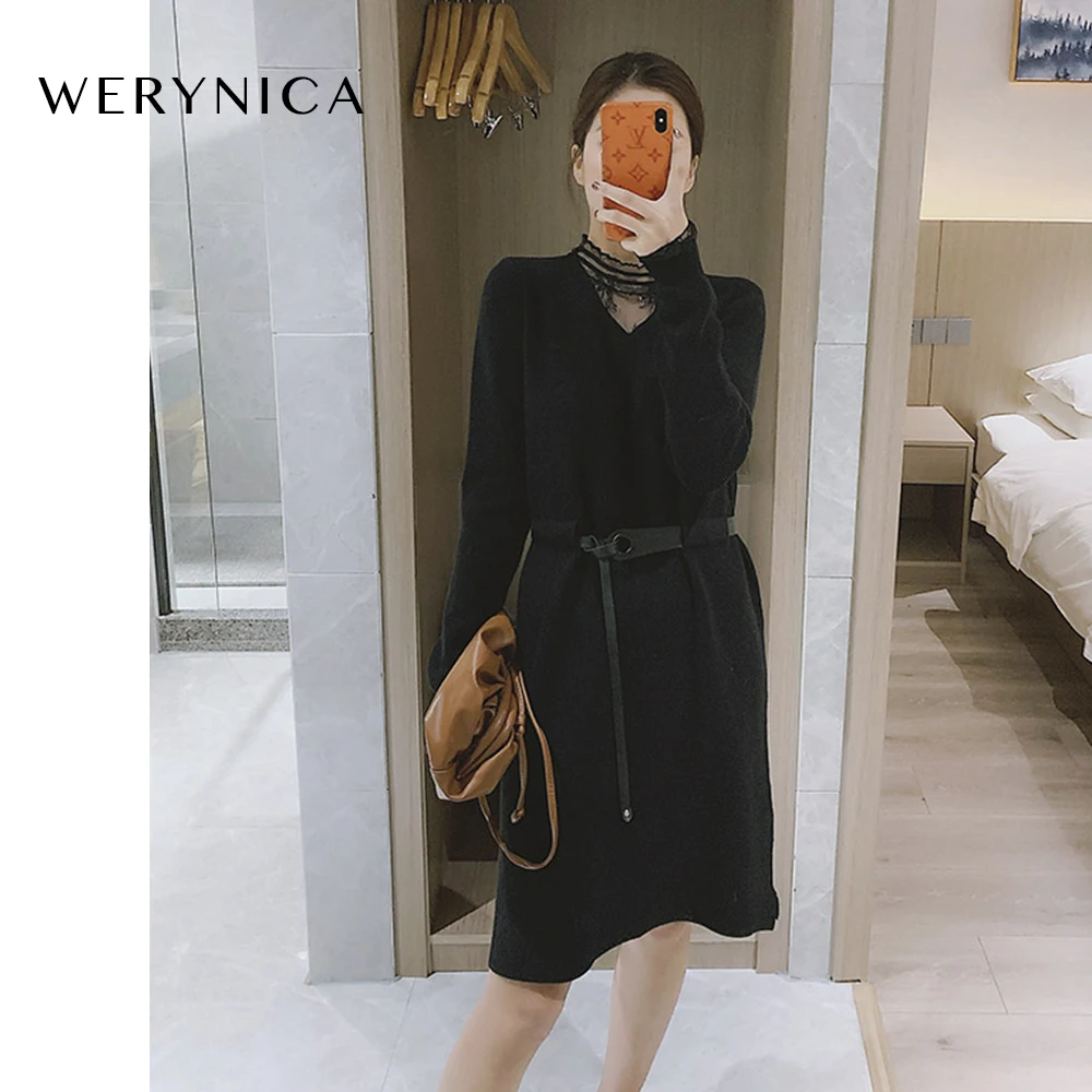 Женское трикотажное платье свитер Werynica однотонное корейское трапеция средней