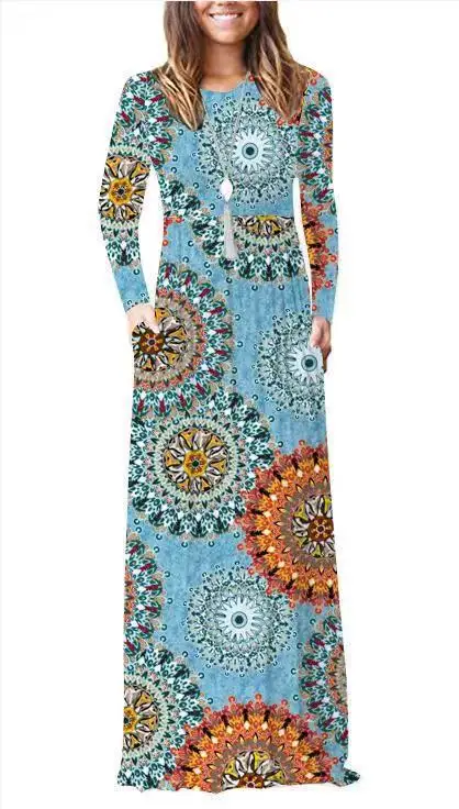 LongWomen's осеннее и зимнее Новое Европейское и американское платье с длинными рукавами и карманами, платье с круглым вырезом на талии - Цвет: 6-Sun blue