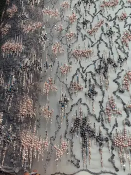 

top quality handmade embroidered net lace fabric with full beads JOY-31701 beaded african tulle lace for party dress fabric