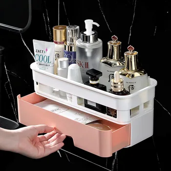 

Wall-Mounted Storage Rack Desktop With Drawer Snacks Cosmetics Home Bathroom Living Room Hanging Rack Free Punch Storage Tool