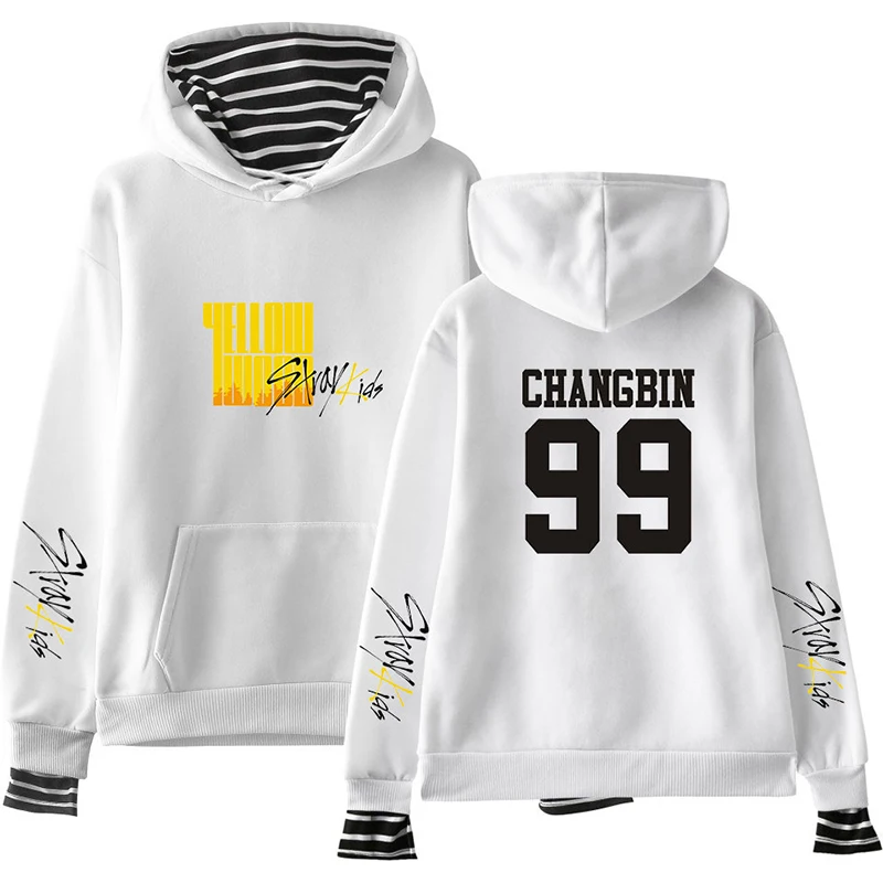 white5 KPOP Stray Kids альбом желтая древесина Повседневная Поддельные два толстовка Свободный пуловер Весна и осень дропшиппинг - Цвет: white5