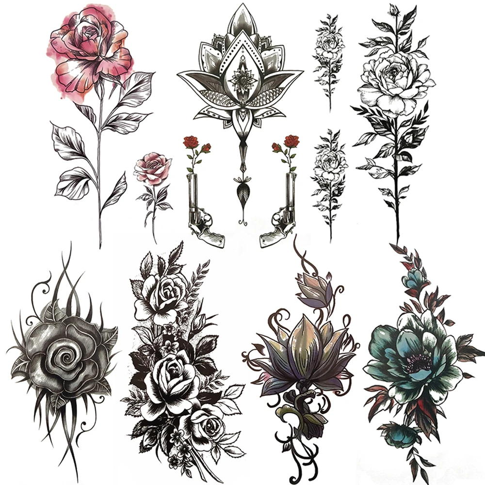 Lotus Flower Branch Fake Temporary Tattoo For Women Girls Creative Rose Bloosom Tattoos Body Chest Sleeve Daisy Waterproof Tatoo Temporary Tattoos Aliexpress