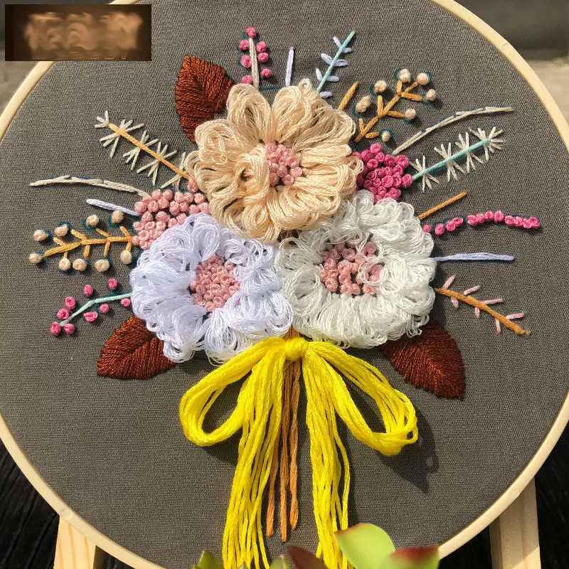 1Pcs DIY Flower Embroidery Kit with Vintage Hoop for Beginner Needlework Floral Cross Stitch Wall Painting Art Home Decor Gift