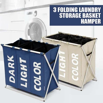

3 Section Folding Laundry Sorter Hamper Organizer Washing Clothes Basket Storage Oxford Polyester Foldable 630x380x570mm