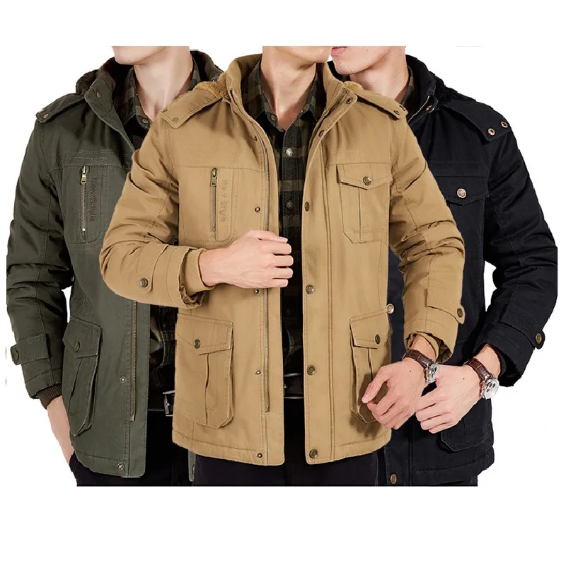 

New Arrival Fashion Men Warm Fleece Jacket Coat Long Sleeves Hooded Overcoat Zipper Multi Pockets Casual Outwear 6xl Windbreaker