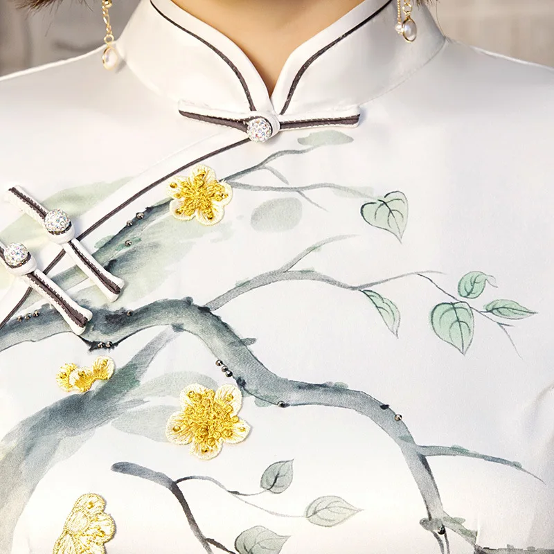 Модные элегантные пуговицы ручной работы Cheongsam винтаж Qipao Летний принт цветок градиент отворотом qipao Vestidos Большие размеры, S-3XL