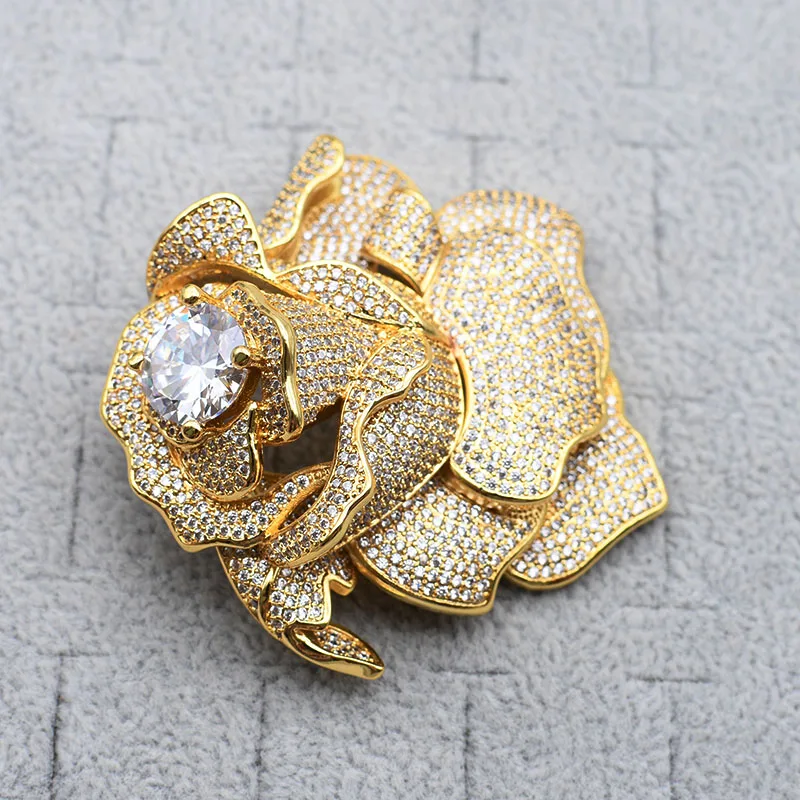 Big Top Grade Beautiful Gold Cubic Zirconia Pave Rose Flower Brooch Pin/connectors