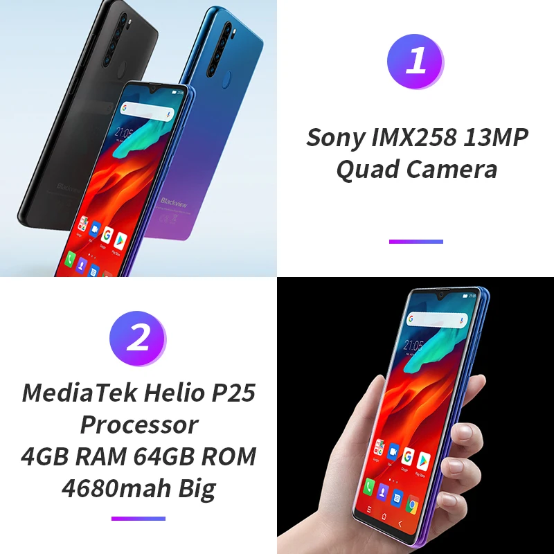  Blackview A80 Pro 6.49' Waterdrop Smartphone Quad Core Rear Cameras 4GB RAM 64GB ROM Global Version