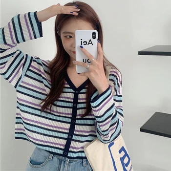 

Striped Knitted T-Shirts Women V-Neck Long Sleeve Summer Shirts Thin Single Breasted Cropped Top Plus Size Vintage Harajuku X300