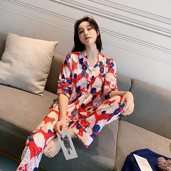 

Foply Women Pajamas Set Fashion 2 Piece Stain Silk Long Sleeve Shirt and Long Pants Summer Cute Pajamas Noghtwear Home Wear