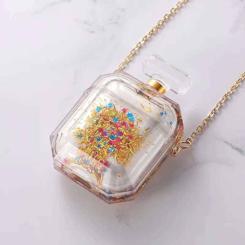 Glitter gold Блестящая Жидкостная динамика зыбучие пески Airpod чехол и Шейная цепочка Роскошный прозрачный жесткий флакон духов гарнитура чехол для Apple Airpods - Color: Glitter gold