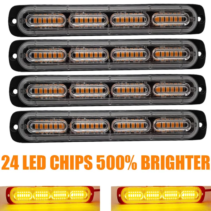 4x Amber 12 LED Emergency Strobe Light Bars - For Trucks, Cars, SUVs, ATVs & More - 12V-24V Bright Hazard Warning Beacon 4 thumbnail image
