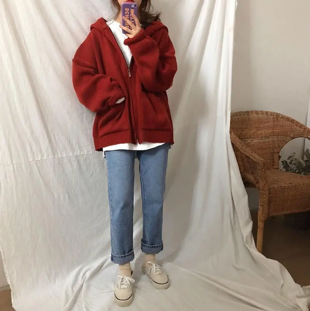 Women Autumn Winter Casual Zipper Hooded Cardigans Plus Size Solid Knitted Coat Loose Pockets Thick Sweater