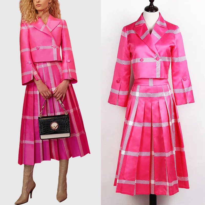 

Women Two Piece set plaid Print Turn Down Collar & High Waist Pleated Skirt 2 piece suits High Quality Plus size Ladies Sets