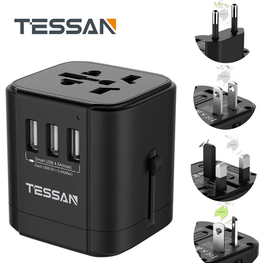 Worldwide AC Outlet Wall Charger US To Europe UK AU Asia Over 150 Countries TESSAN International Power Plug Adapter with 3 USB Charging Ports All-in-one European Adapter Universal Travel Adapter
