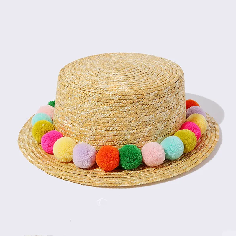 

Summer Adult Kids Girls Straw Plaited Bucket Hat Flat Top Colourful Balls Beach Holiday Outdoor Sun Block Children Women Hat Cap
