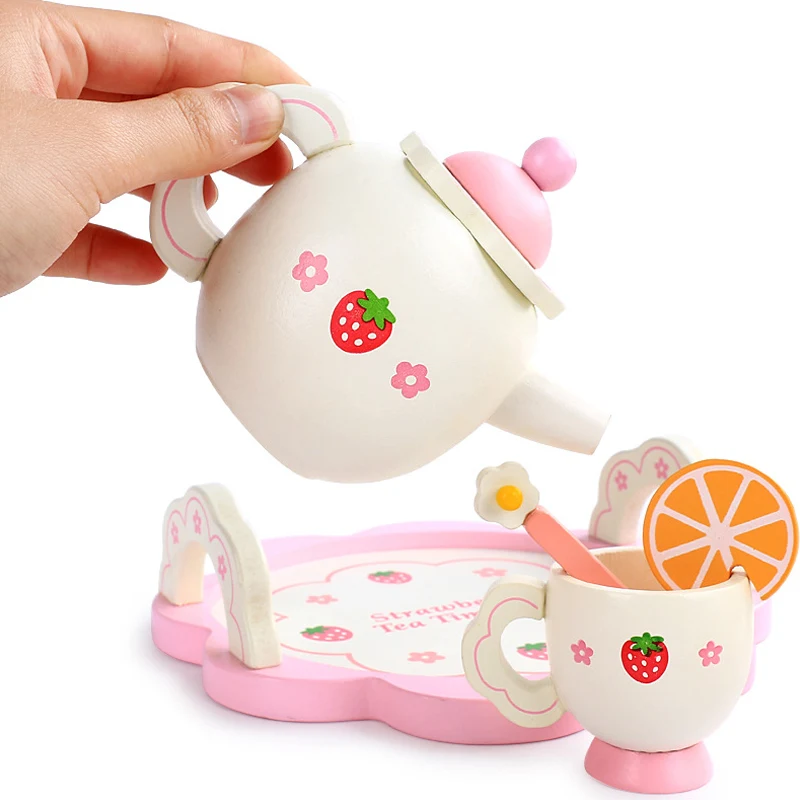 

Wooden Mini Tea Set Toy Cup Teapots Tray for Children Kids Kitchen Role Playing Game PI669