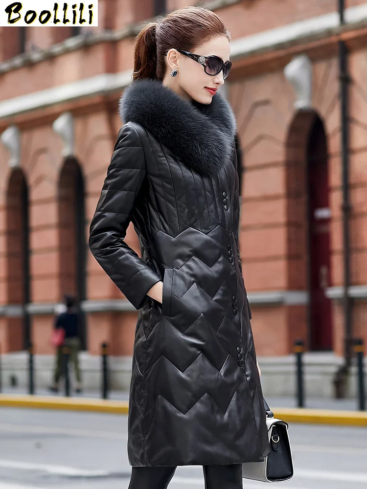 

Boollili Genuine Leather Jacket 100% Real Sheepskin Coat Winter Jacket Women Fox Fur Collar Long Down Jackets Plus Size