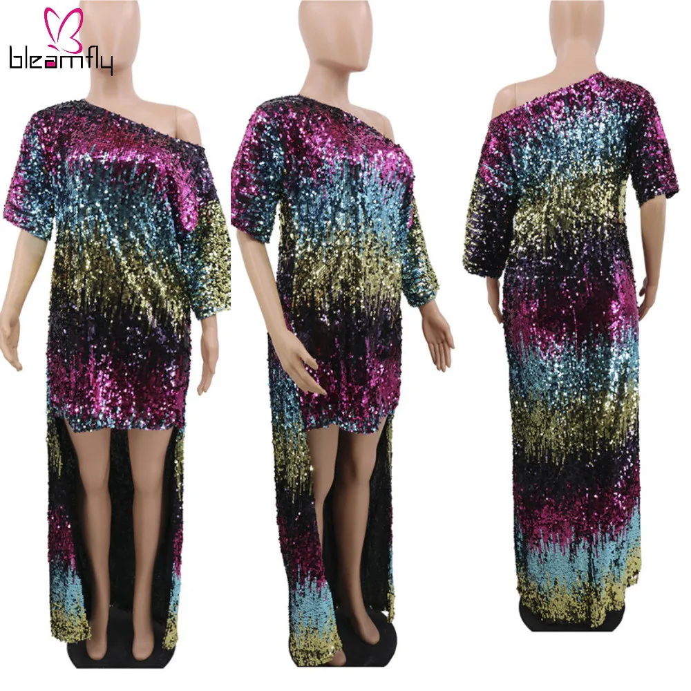 Разноцветное сексуальное асимметричное длинное платье макси с блестками, Женская Клубная одежда, свободные платья с коротким рукавом, женские вечерние платья для ночного клуба