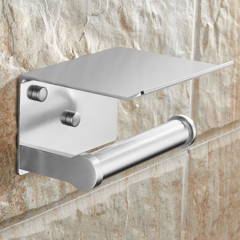 

Toilet Paper Holder with Shelf Wall Mounted Mobile Phone Paper Towel Holder Decorative Bathroom Roll Paper Holder Silver