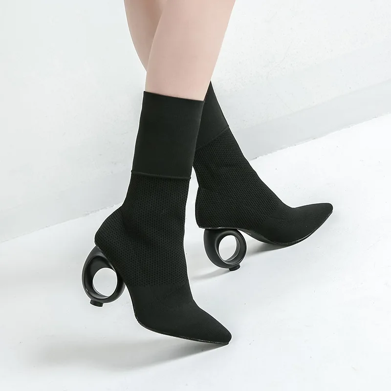 

Strange Heel european brand sock botines woman mid-calf knitting stretch boots high heels pointed toe slim leg short botas mujer